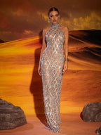Rhinestone Silver Evening Party Gown Aclosy