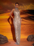 Rhinestone Silver Evening Party Gown Aclosy
