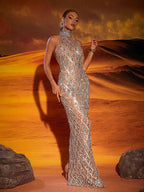 Rhinestone Silver Evening Party Gown Aclosy