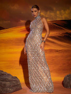 Rhinestone Silver Evening Party Gown Aclosy