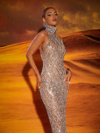 Rhinestone Silver Evening Party Gown Aclosy