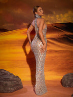 Rhinestone Silver Evening Party Gown Aclosy