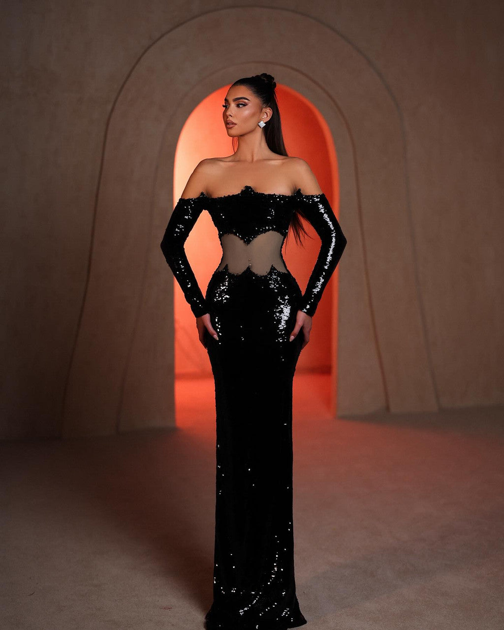 Chic Off-shoulder Irregular Sequined Sleeved Waist-baring Dress