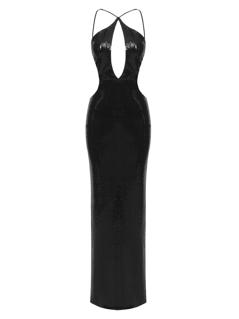 Hollow Halter Backless Party Dress aclosy