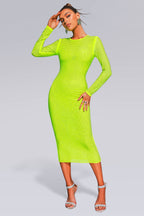 Long Sleeve Heavy Industry Sparkling Full Rhinestone Sheath Tight Elegant Dress Aclosy