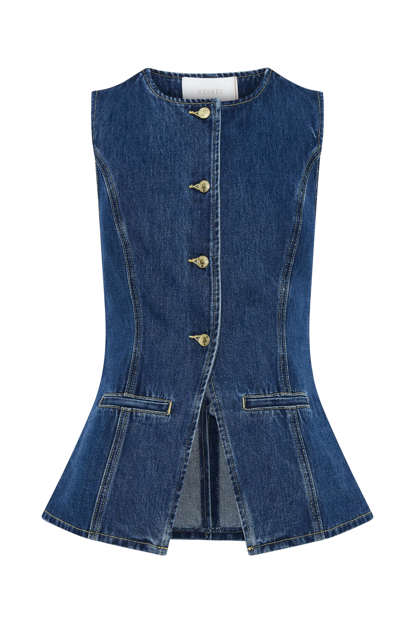 Denim Sleeveless Button Up Top Suit-Blue