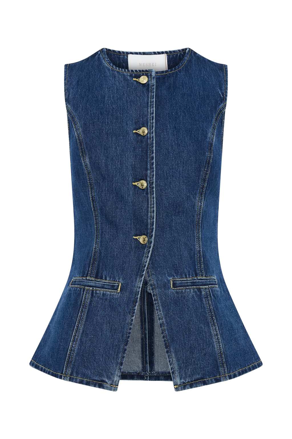 Denim Sleeveless Button Up Top Suit-Blue