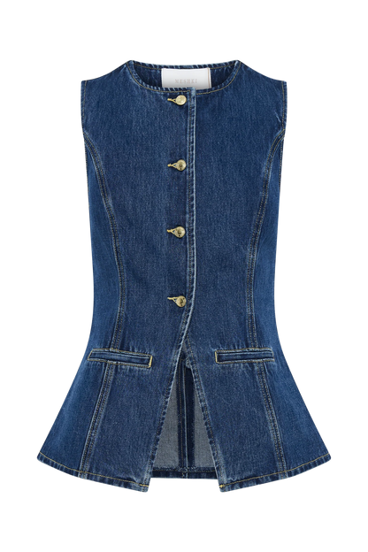 Denim Sleeveless Button Up Top Suit-Blue