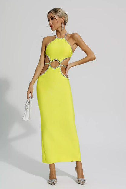 Chic Hollow Rhinestone Yellow Maxi  Dress