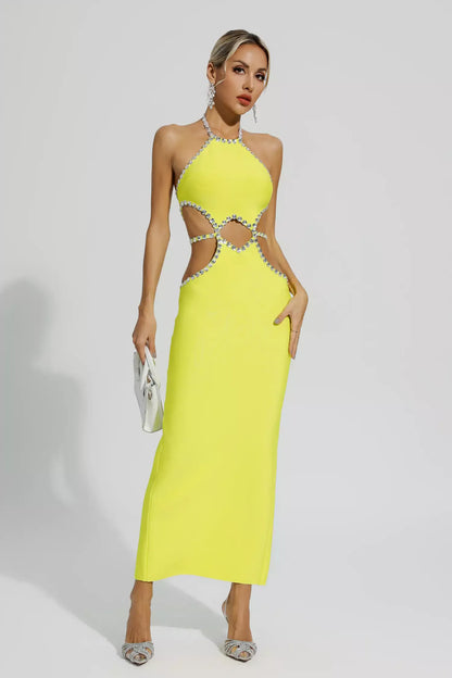 Chic Hollow Rhinestone Yellow Maxi  Dress