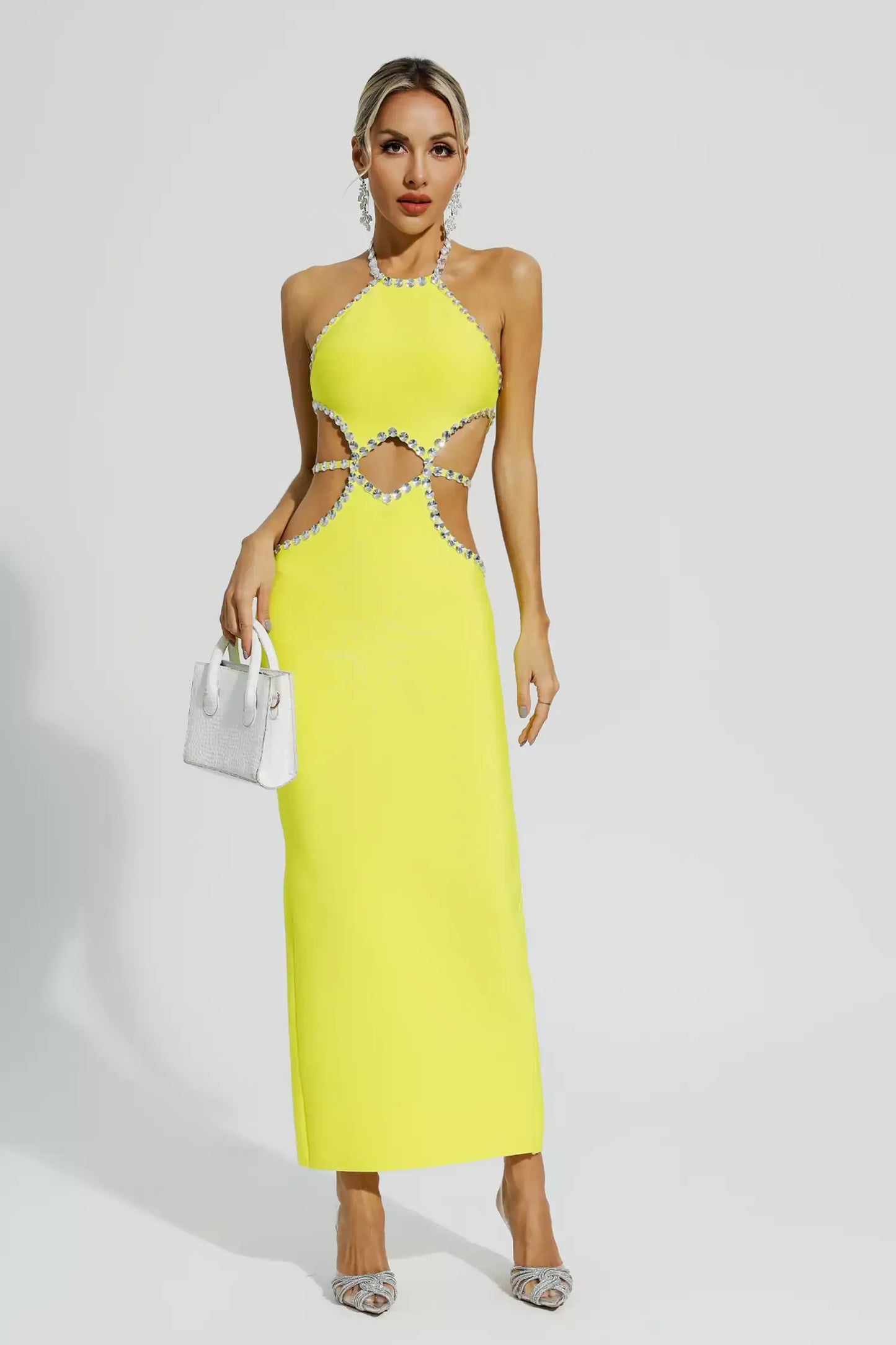 Chic Hollow Rhinestone Yellow Maxi  Dress