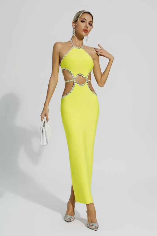 Chic Hollow Rhinestone Yellow Maxi  Dress