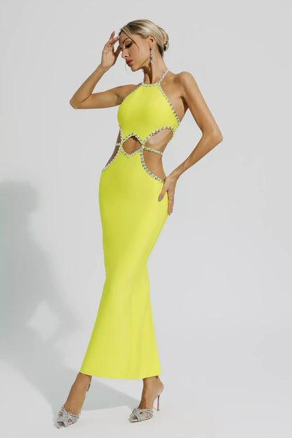 Chic Hollow Rhinestone Yellow Maxi  Dress