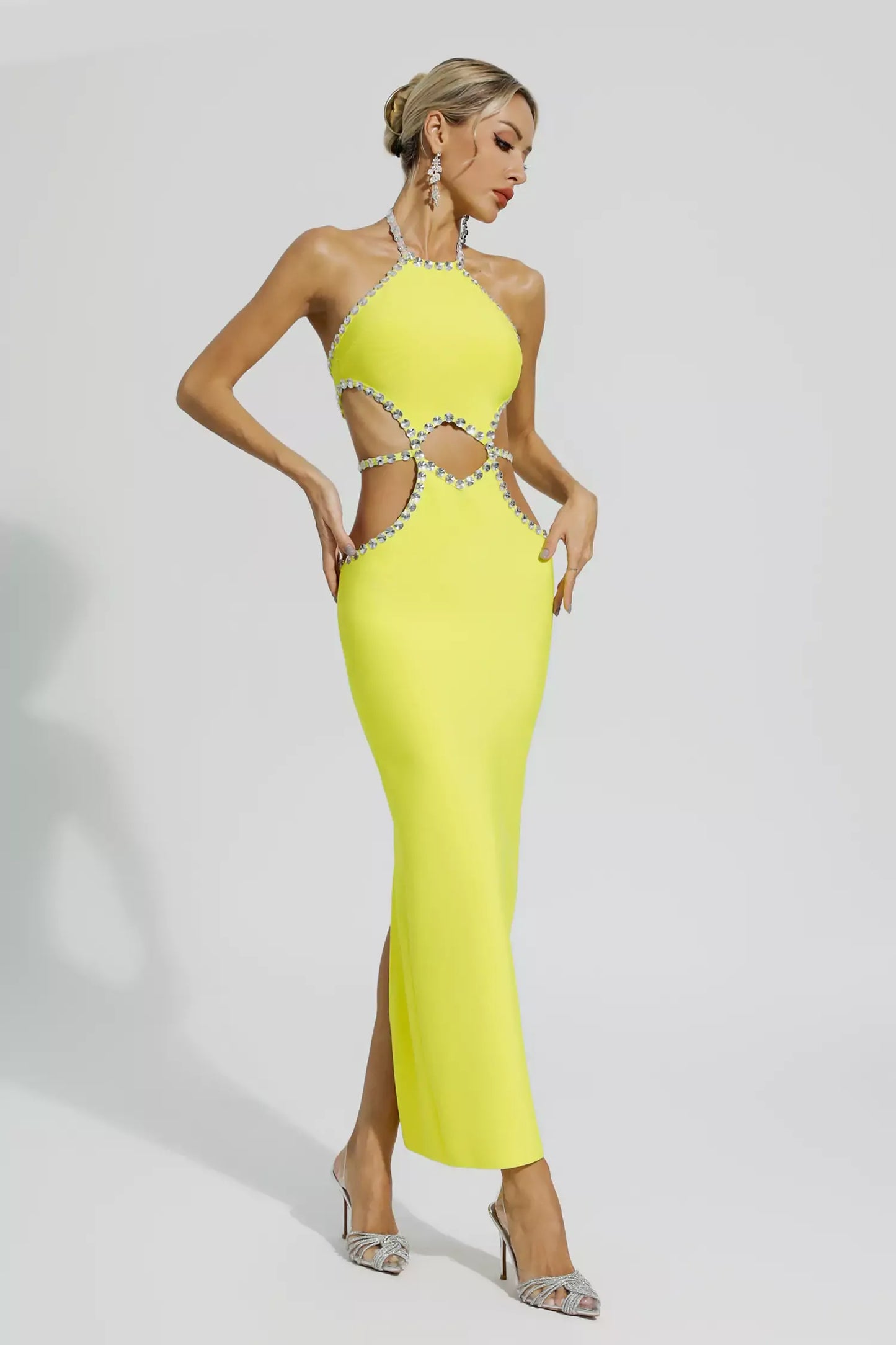 Chic Hollow Rhinestone Yellow Maxi  Dress