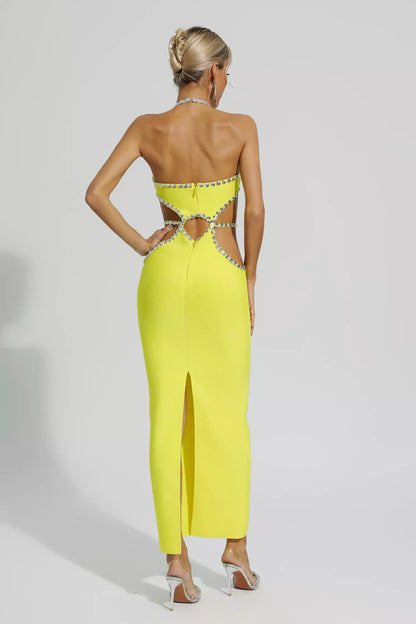 Chic Hollow Rhinestone Yellow Maxi  Dress