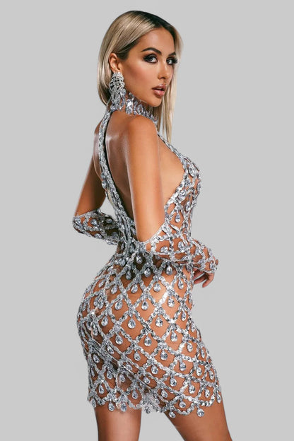 Elena Halter Neck Half Gloves Rhinestone Mini Dress