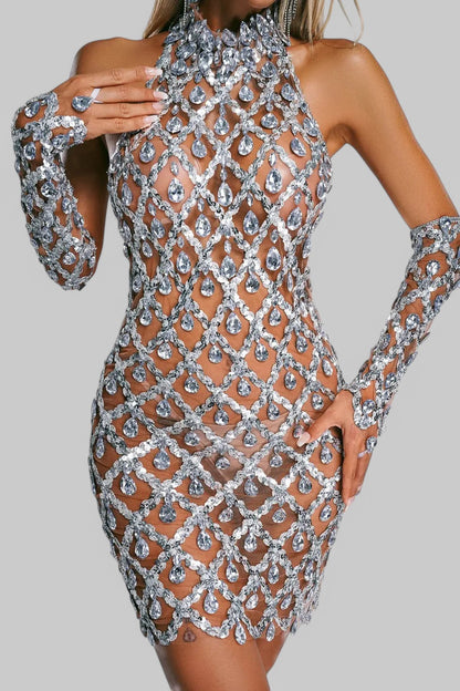 Elena Halter Neck Half Gloves Rhinestone Mini Dress
