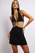Women's Fashion Halter Low Cut Contrast Color Hollow Dress aclosy