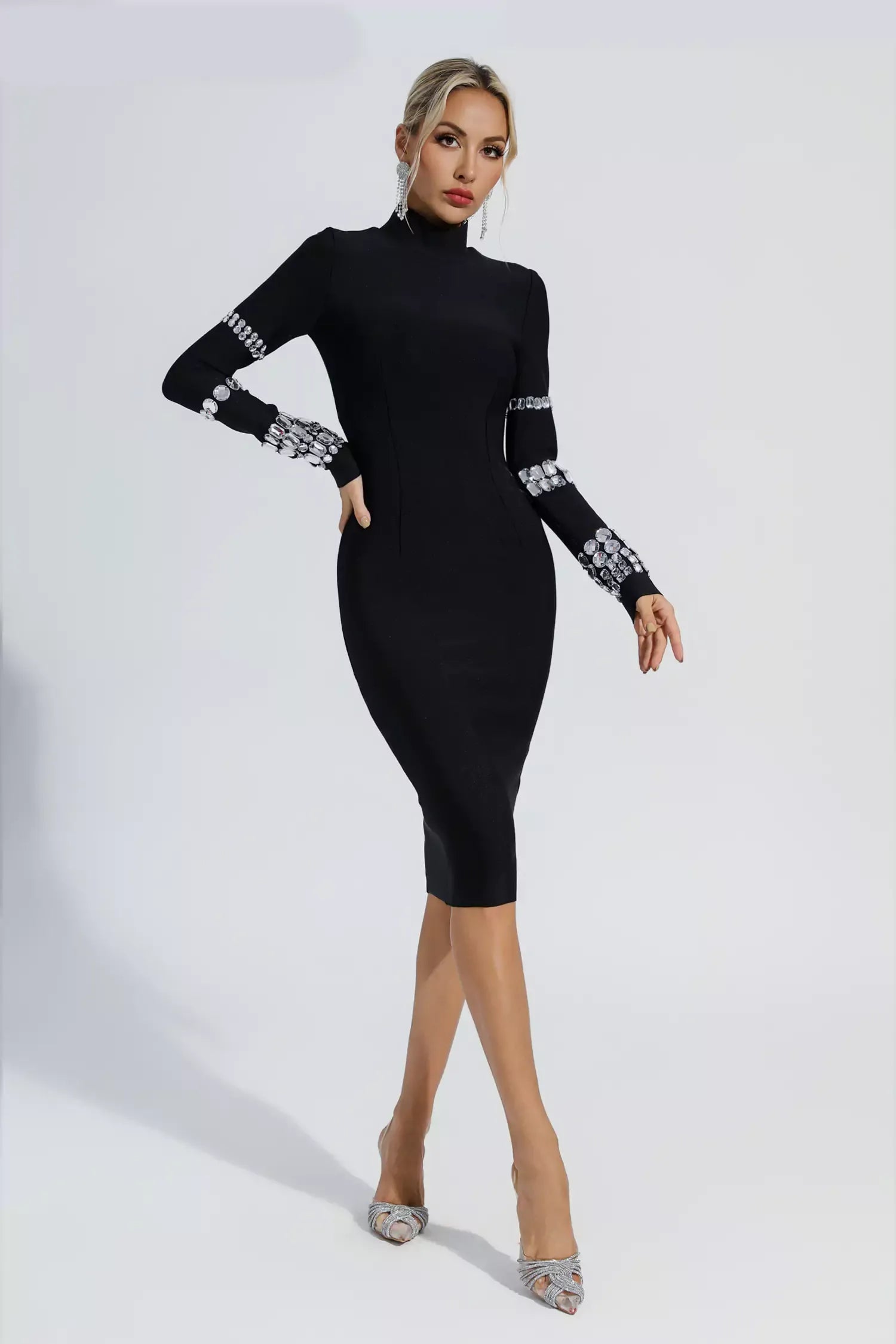 Black Mid-length High Neck Bandage Dress Dress aclosy