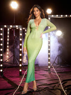 Gradient Green Shiny Rhinestone Deep V Sheath Dress aclosy