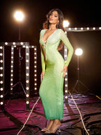 Gradient Green Shiny Rhinestone Deep V Sheath Dress aclosy