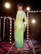 Gradient Green Shiny Rhinestone Deep V Sheath Dress aclosy