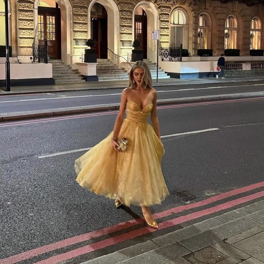 Socialite Bronzing Lace Tube Top Fishbone Mesh Puffy Dress #aclosyESL