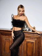 Feather Trim Tube Top and Sequined Sheer Skirt Set Trendsi
