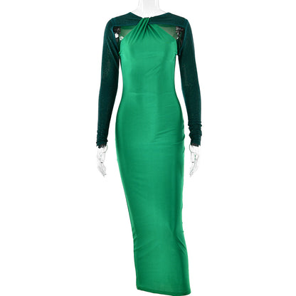 Women's Fashion Tight Long Sleeve Stitching Dress Aclosy