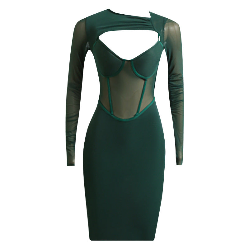 Mesh See-through Sexy Long Sleeve Dress Hollow-out Tight Bandage Dress aclosy