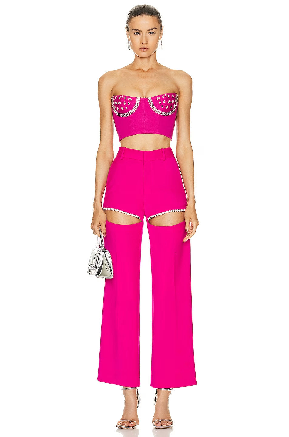 Rhinestone Short Tube Top Hollow Personality Cropped Pants Set Aclosy