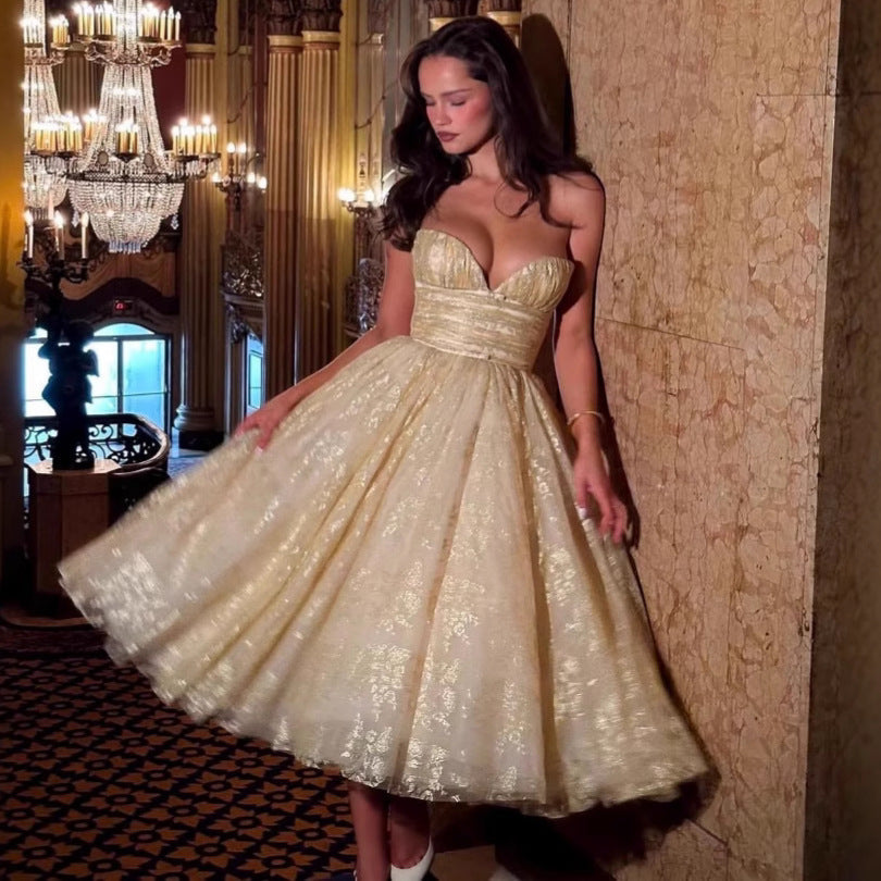 Socialite Bronzing Lace Tube Top Fishbone Mesh Puffy Dress #aclosyESL