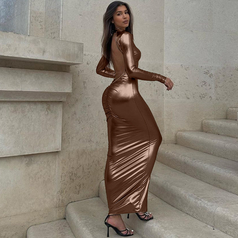 Polyester Sexy Backless Pleated Solid Color Long Sleeve Finger Stall Dress Aclosy