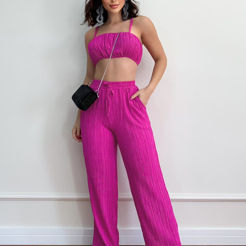 Summer Suit Solid Color Sleeveless Suspender Pleated Fabric Trousers Two-piece Set aclosy