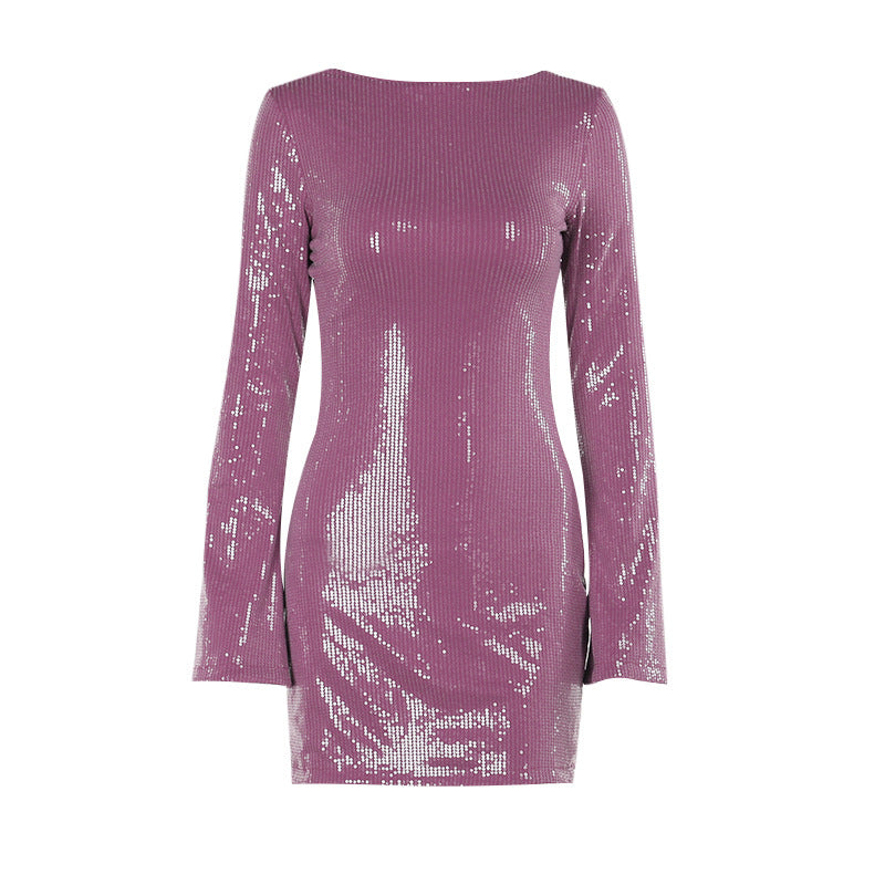 New Sexy Slim-fit Sequined Backless Long Sleeves Short Dress Aclosy