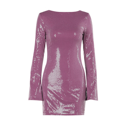 New Sexy Slim-fit Sequined Backless Long Sleeves Short Dress Aclosy