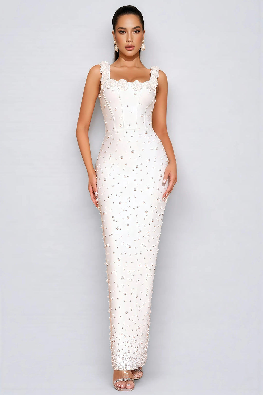 Elegant Floral Beaded Bandage Maxi Dress