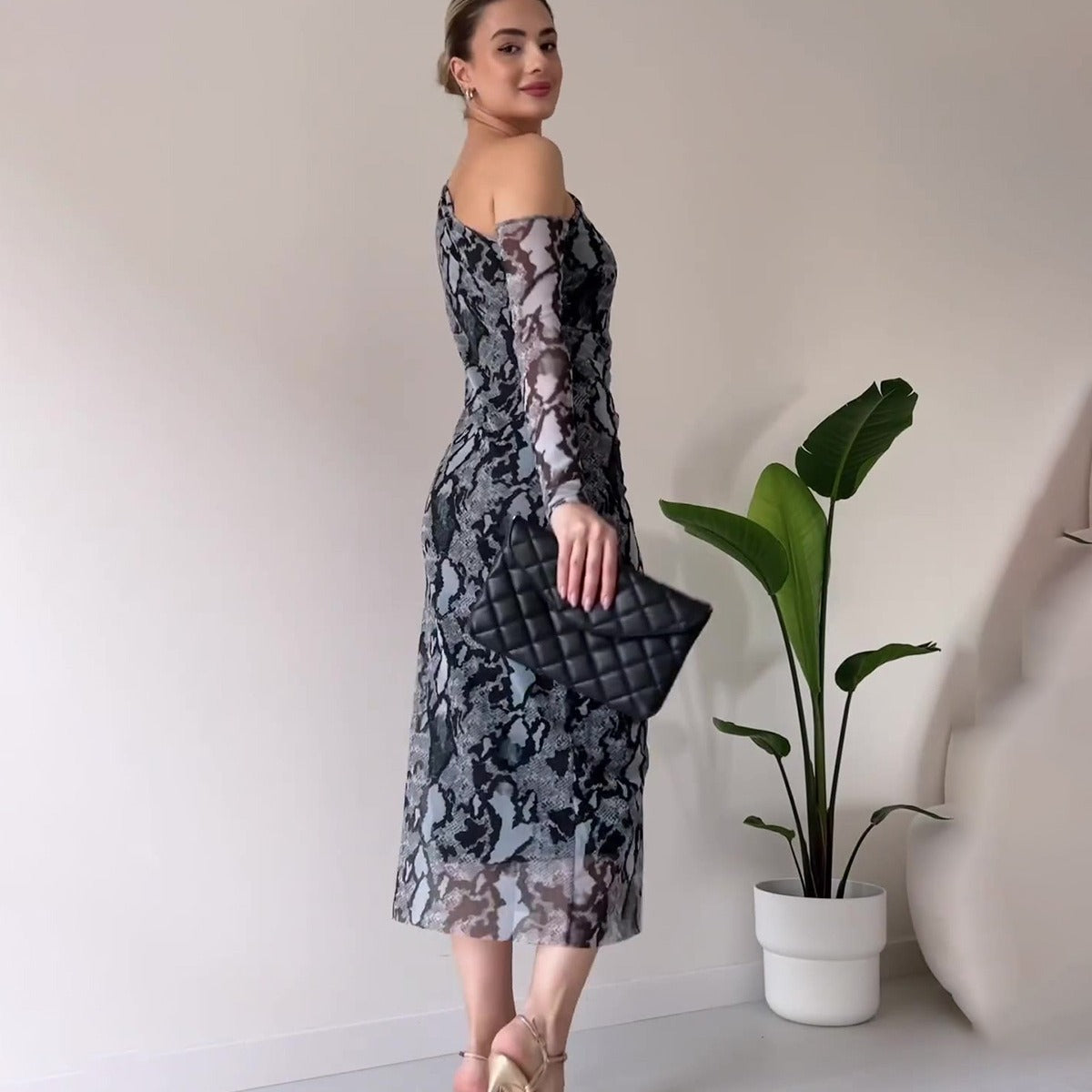 Women's Snake Print Long Sleeve Narrow Slim Fit Dress Aclosy