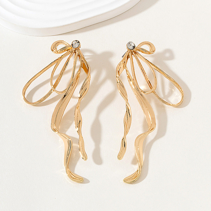Irregular Large Bow Earrings For Women Tassel Streamer aclosy