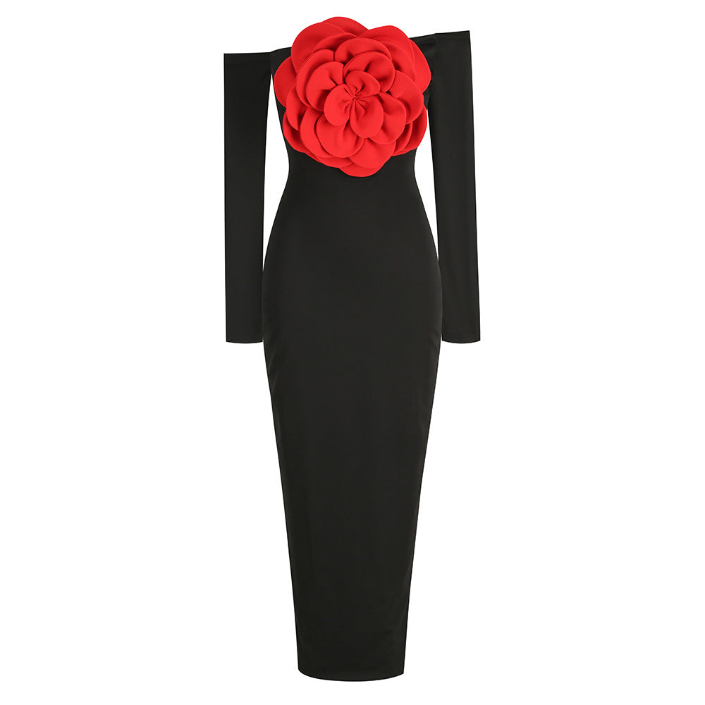 Slim Fit Backless Fashion Decorative Flower Split Dress Aclosy