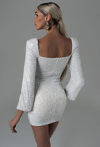 Temperament Pure Color Flying Sleeves Deep V Low-cut Irregular Cinched Hip Bag Dress Aclosy