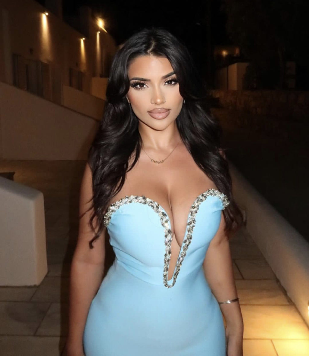 Sparkling Rhinestones Edging Sexy V-neck Tube Top Blue Bandage One-piece Dress aclosy