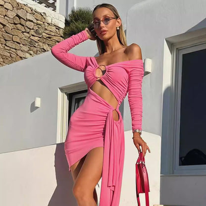 Sexy Off-neck Women's Clothing Solid Color Dress Aclosy