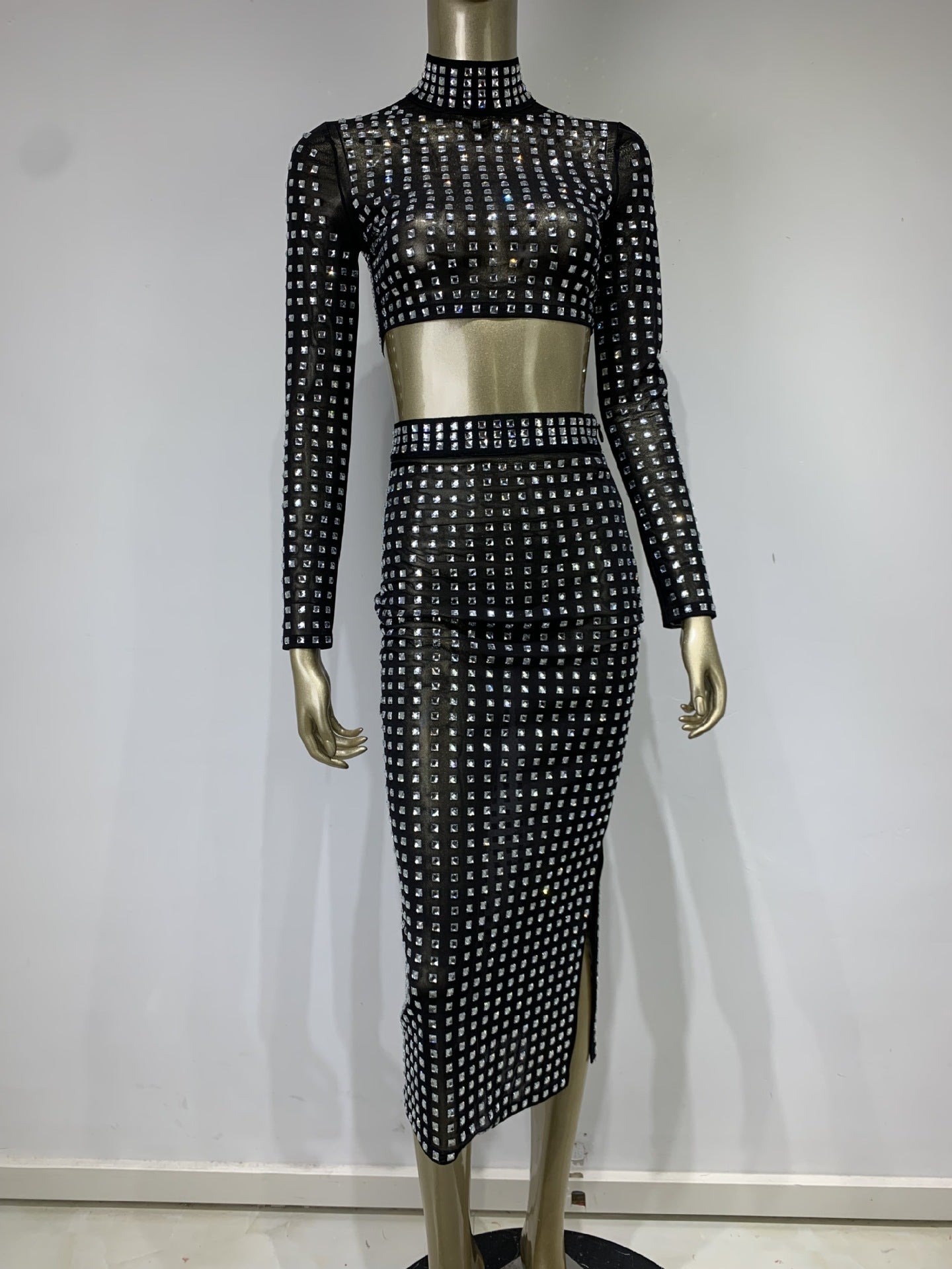 Hot Girl Women's Fashion Rivet Elastic Tight Skirt Suit aclosy