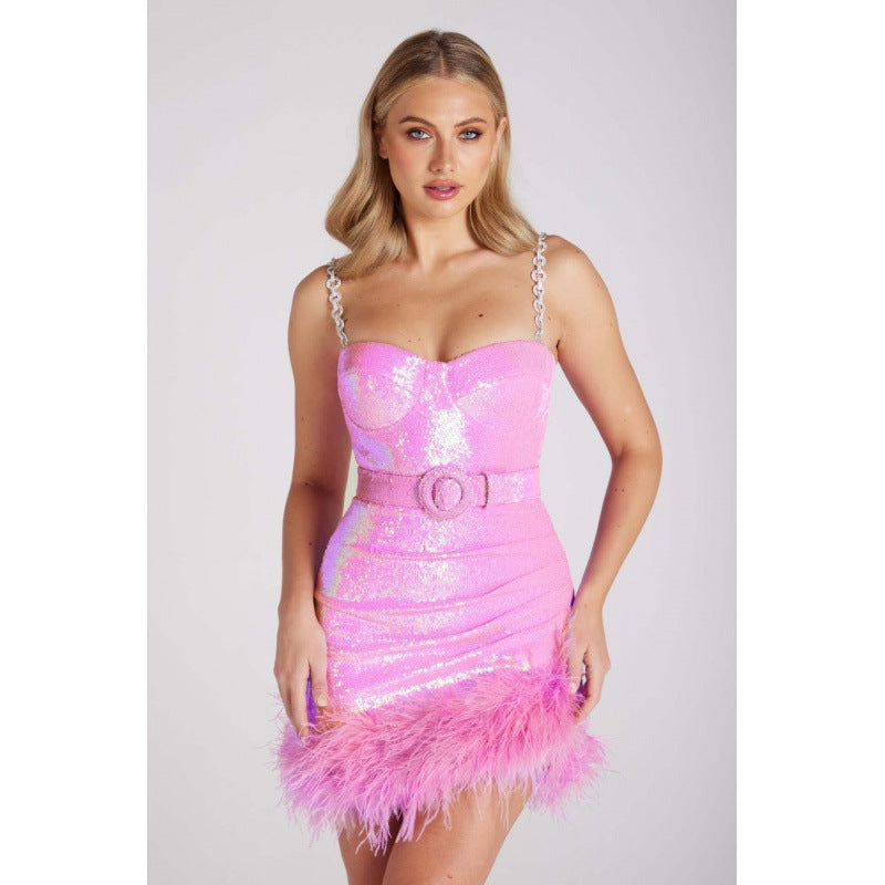 Women's Tight Artificial Fur Belt Purple Sequin Slip Dress Aclosy