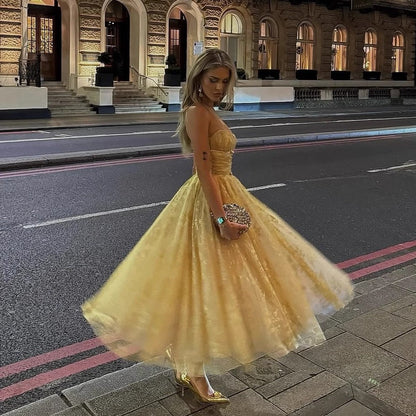 Socialite Bronzing Lace Tube Top Fishbone Mesh Puffy Dress #aclosyESL