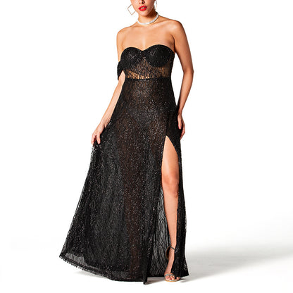 Black Paillette High-end Affordable Luxury Tube Top Split Dress Aclosy