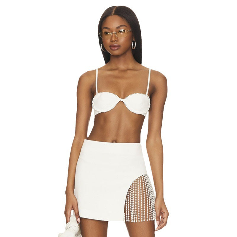 Women's Bandage Dress Pearl Tassel Ultra Short Two-piece Set aclosy