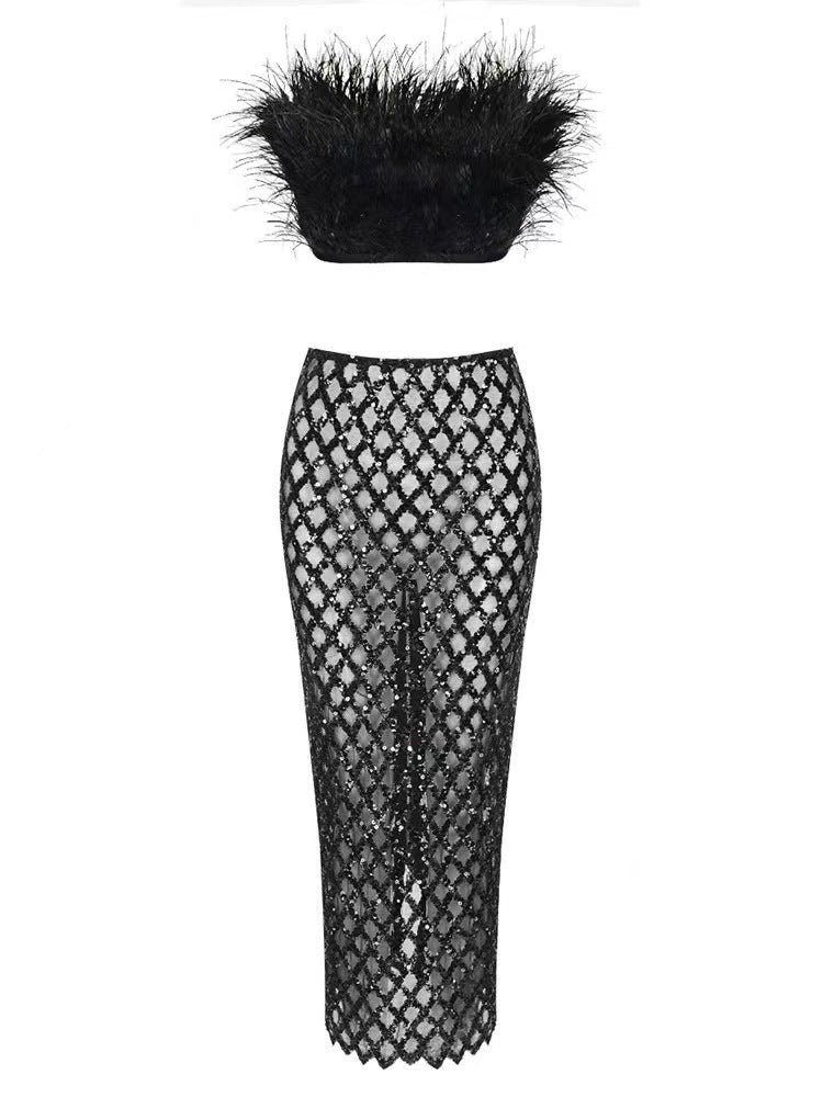Feather Trim Tube Top and Sequined Sheer Skirt Set Trendsi