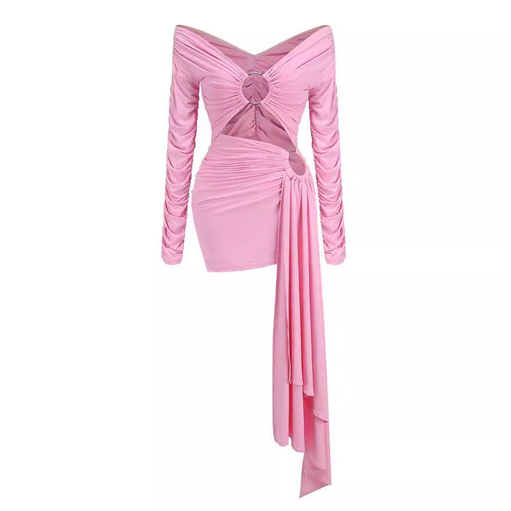 Sexy Off-neck Women's Clothing Solid Color Dress Aclosy